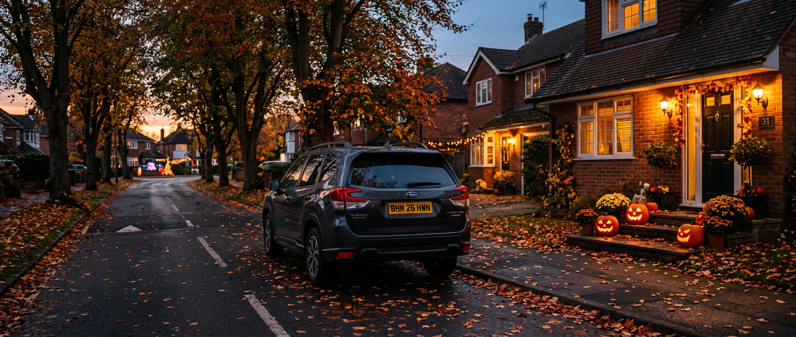 2026 Subaru Forester on a Birmingham neighborhood street at Halloween dusk with autumn leaves and porch lights