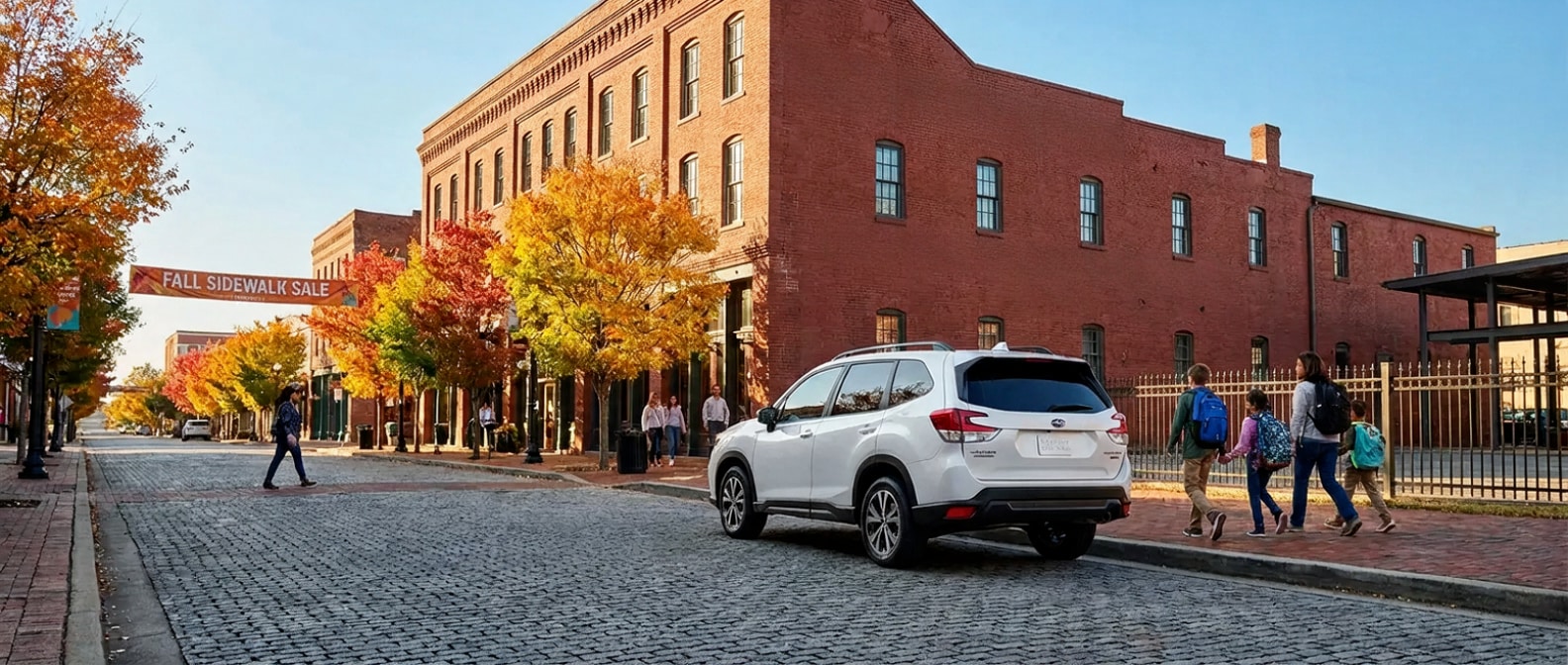 2026 Subaru Forester on a downtown Birmingham street near a historic red-brick building on a clear fall day