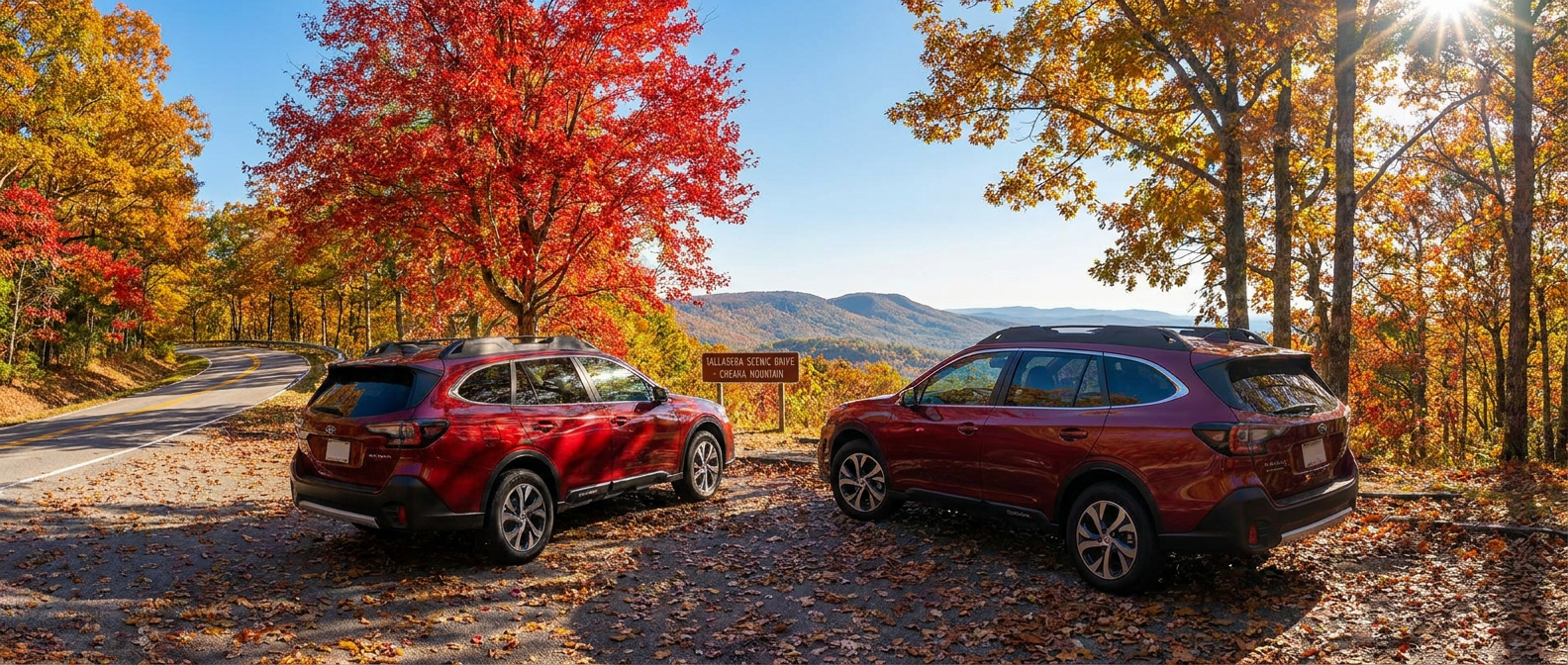 2026 Subaru Outback at a Talladega Scenic Drive overlook during fall foliage season in Alabama