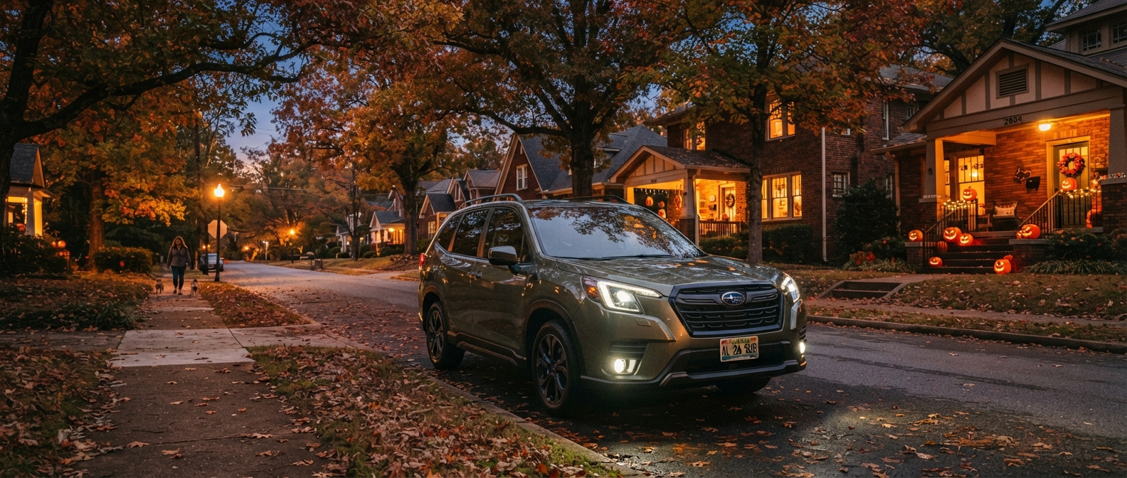 2026 Subaru Forester driving on a residential Birmingham street at dusk on Halloween night with headlights on
