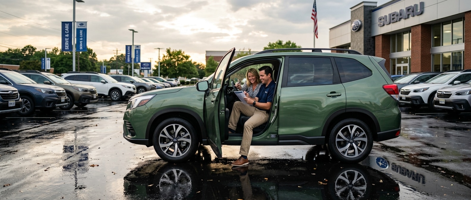 2026 Subaru Forester on wet lot at Hallmark Subaru Birmingham, buyers reviewing test drive checklist
