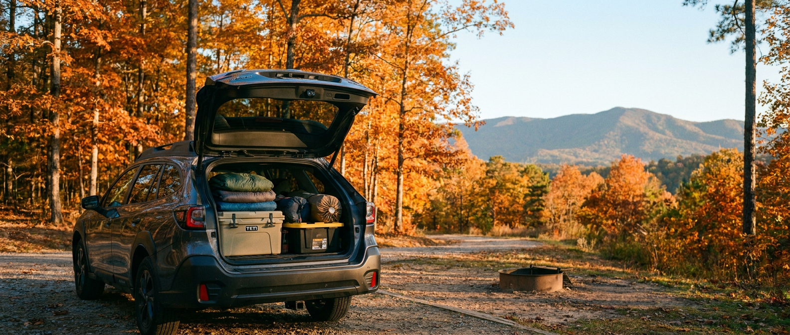2026 Subaru Outback with rear liftgate open at Alabama fall camping site with autumn foliage