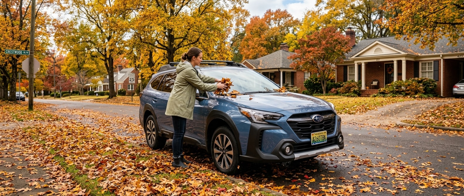 2026 Subaru Outback cowl tray being cleared of fallen leaves on a Birmingham, Alabama street in late October
