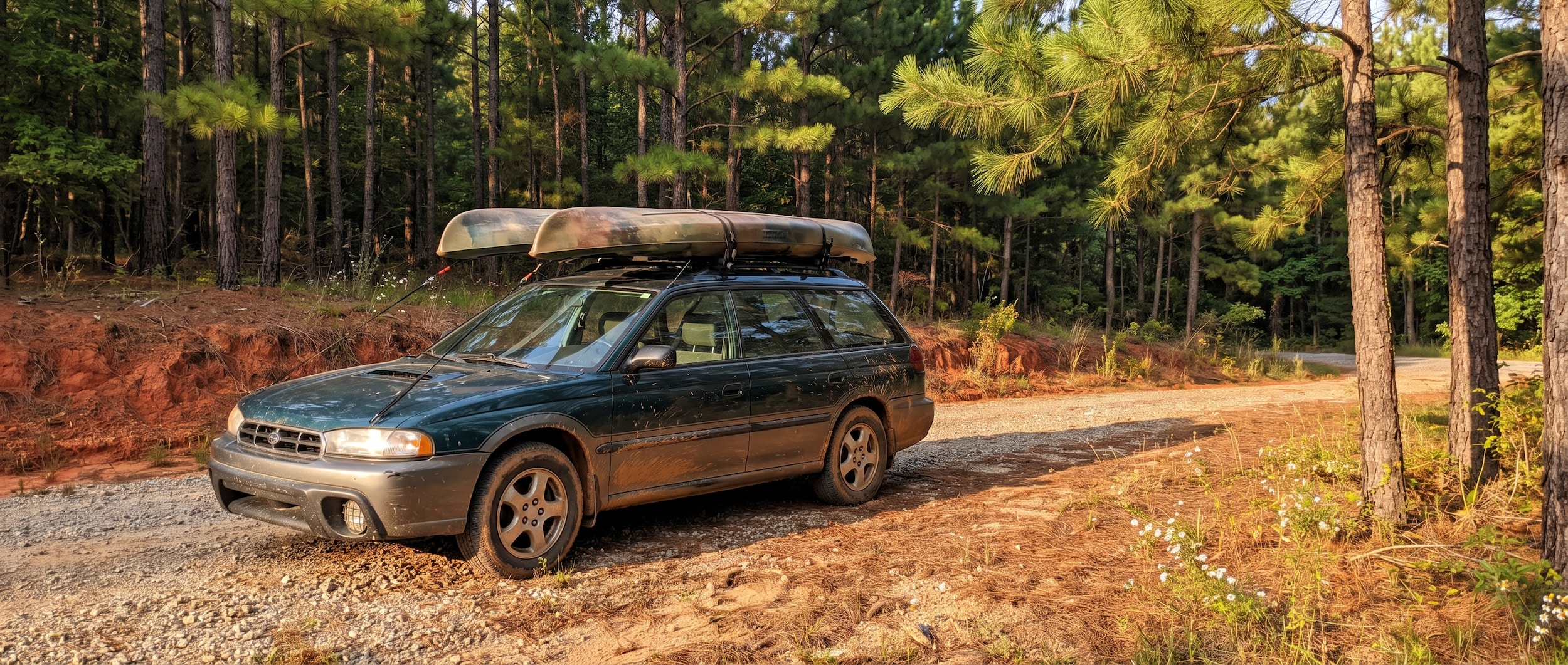 Used Subaru Outback at a Talladega National Forest gravel road trailhead in Alabama with kayaks on roof rack