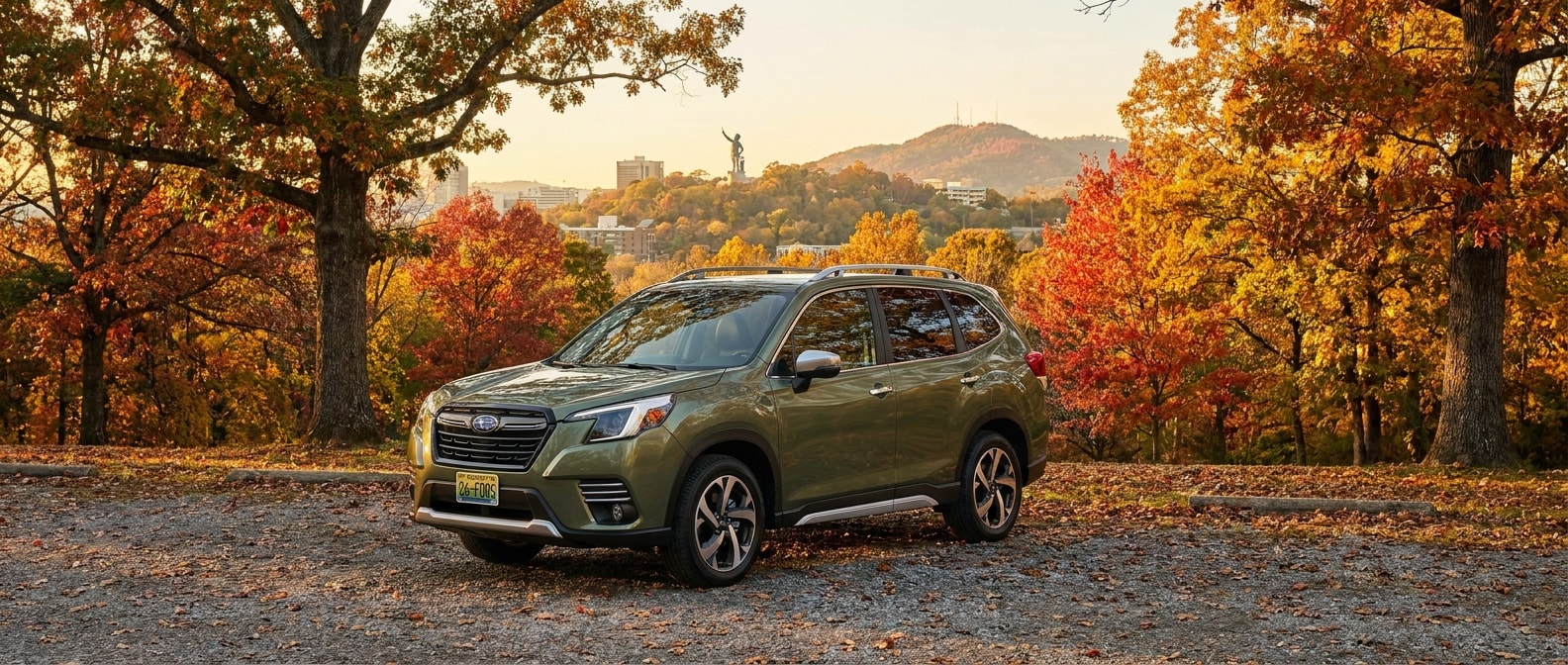 2026 Subaru Forester parked near Vulcan Park on Red Mountain in Birmingham, Alabama, surrounded by fall foliage