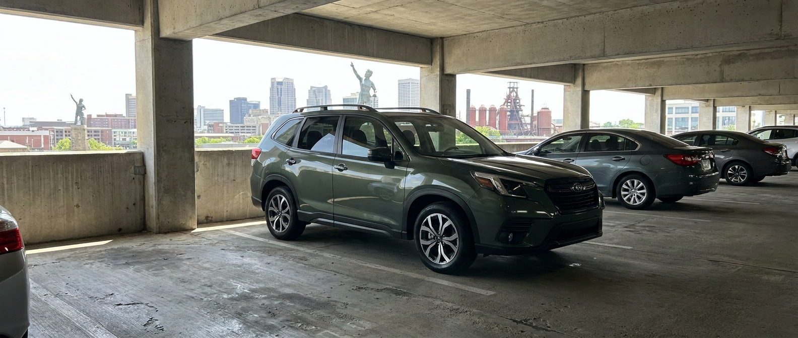 2026 Subaru Forester parked in a downtown Birmingham parking garage near BJCC event venues