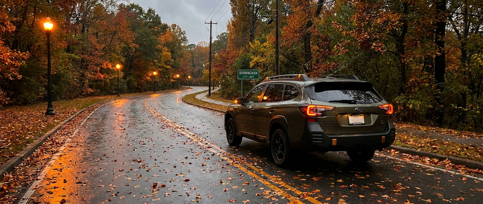 2026 Subaru Outback driving on a wet Birmingham road at dusk with headlights on and fall foliage overhead