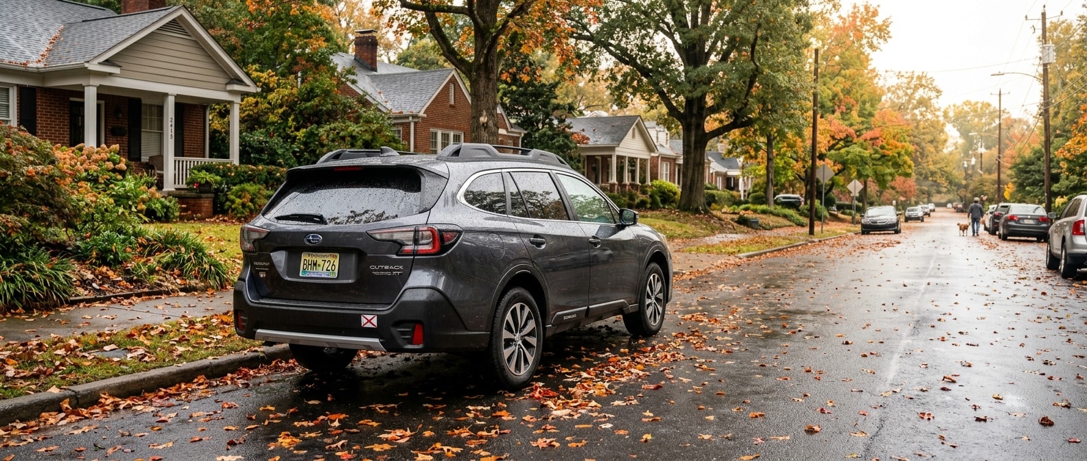 2026 Subaru Outback on a wet Birmingham street after autumn rain