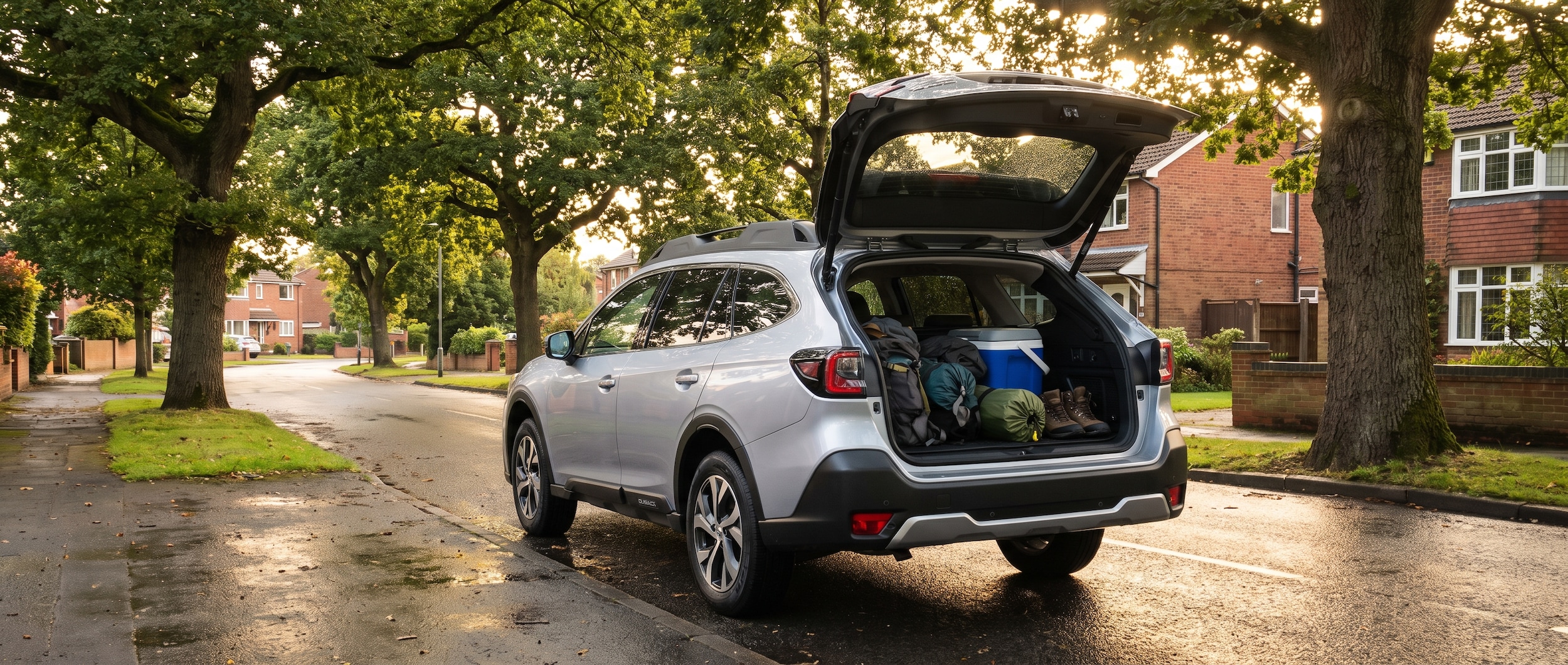 2026 Subaru Outback parked on wet Birmingham road with cargo area open