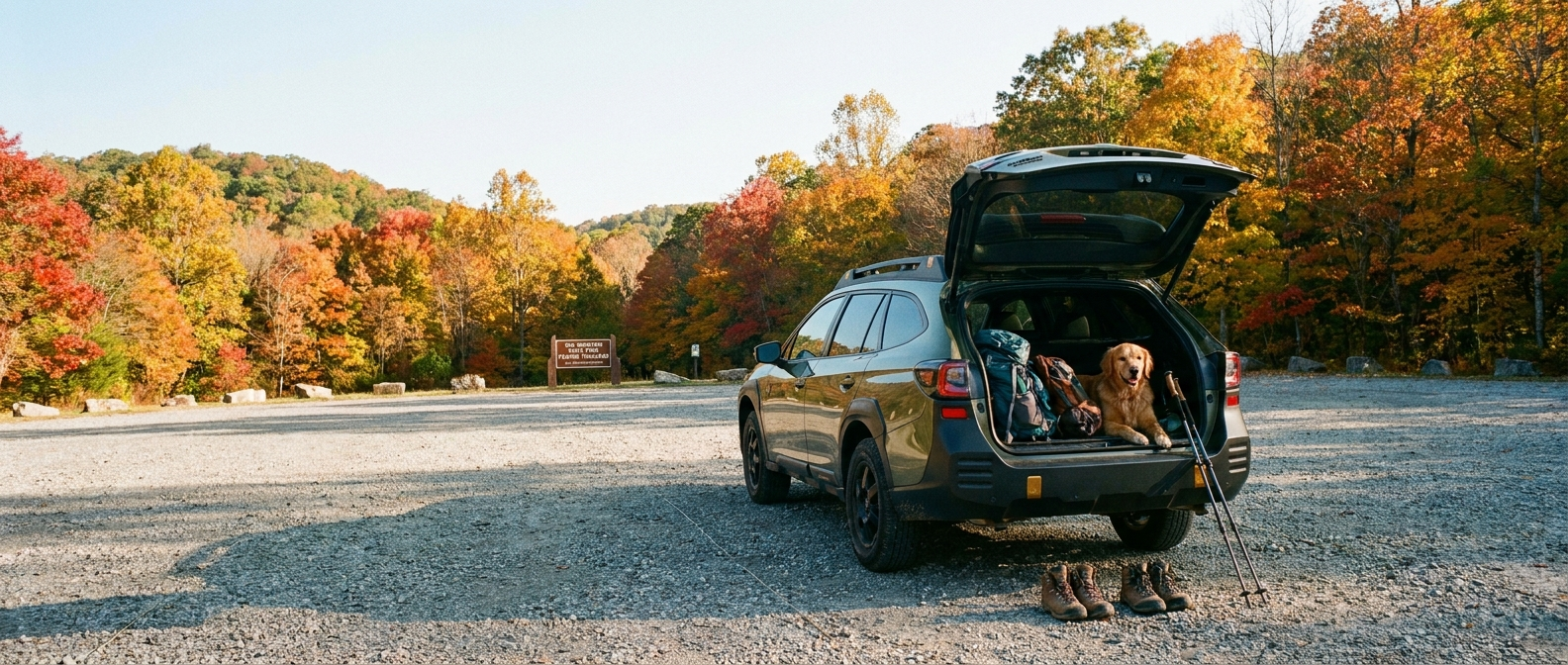 2026 Subaru Outback at Oak Mountain State Park trailhead in autumn foliage, Birmingham Alabama