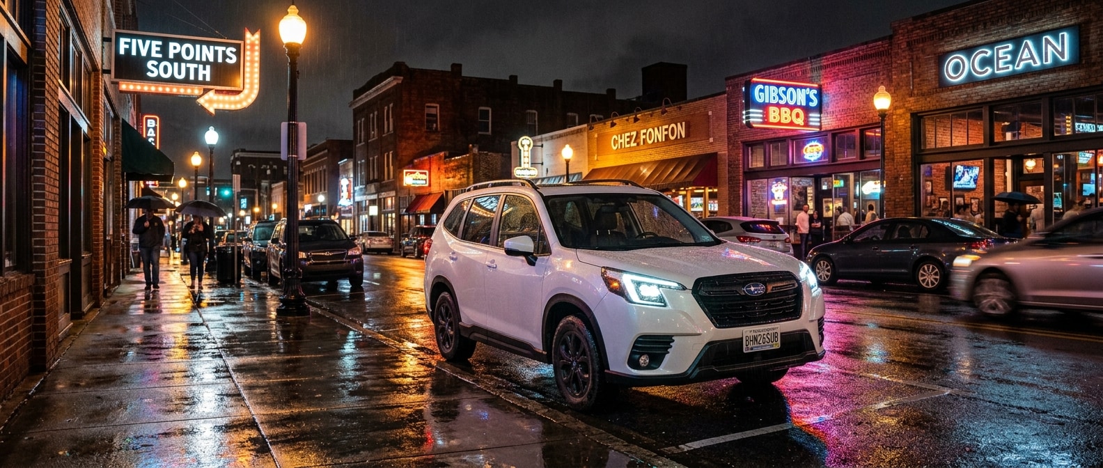 2026 Subaru Forester parked on a wet Birmingham street near Five Points South at night