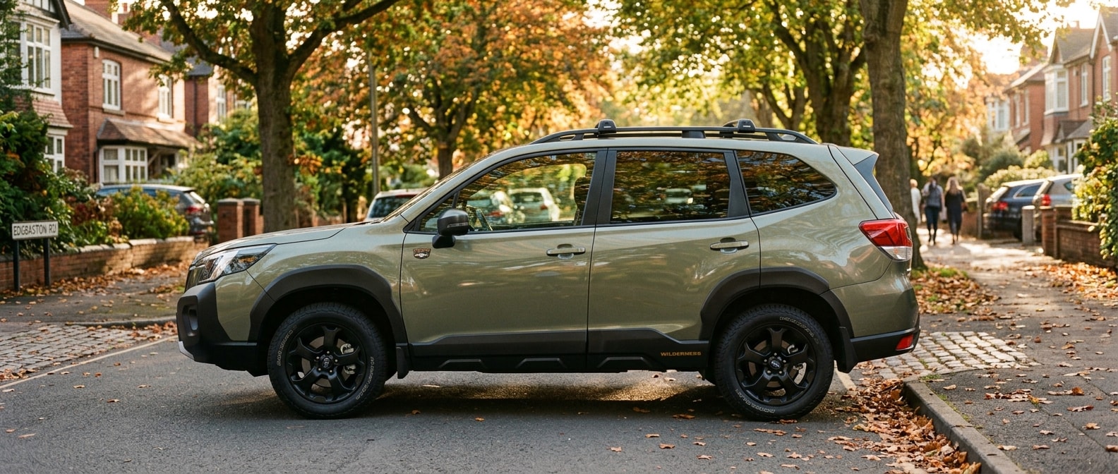 2026 Subaru Forester parked on a tree-lined street in Birmingham, AL in early autumn