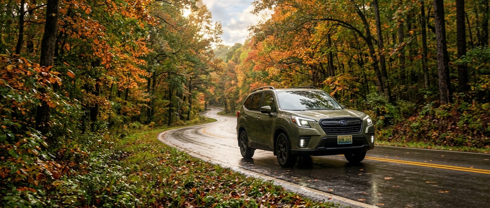 2026 Subaru Forester on a winding wet tree-lined road in Birmingham Alabama