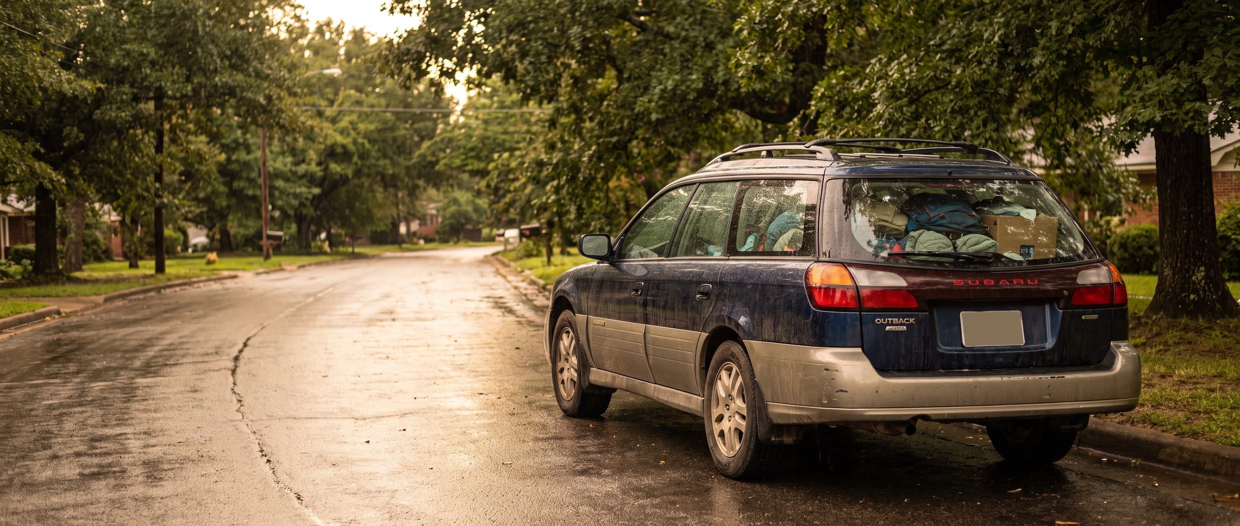 Used Subaru Outback parked on a wet Birmingham Alabama suburban road, late summer 2026