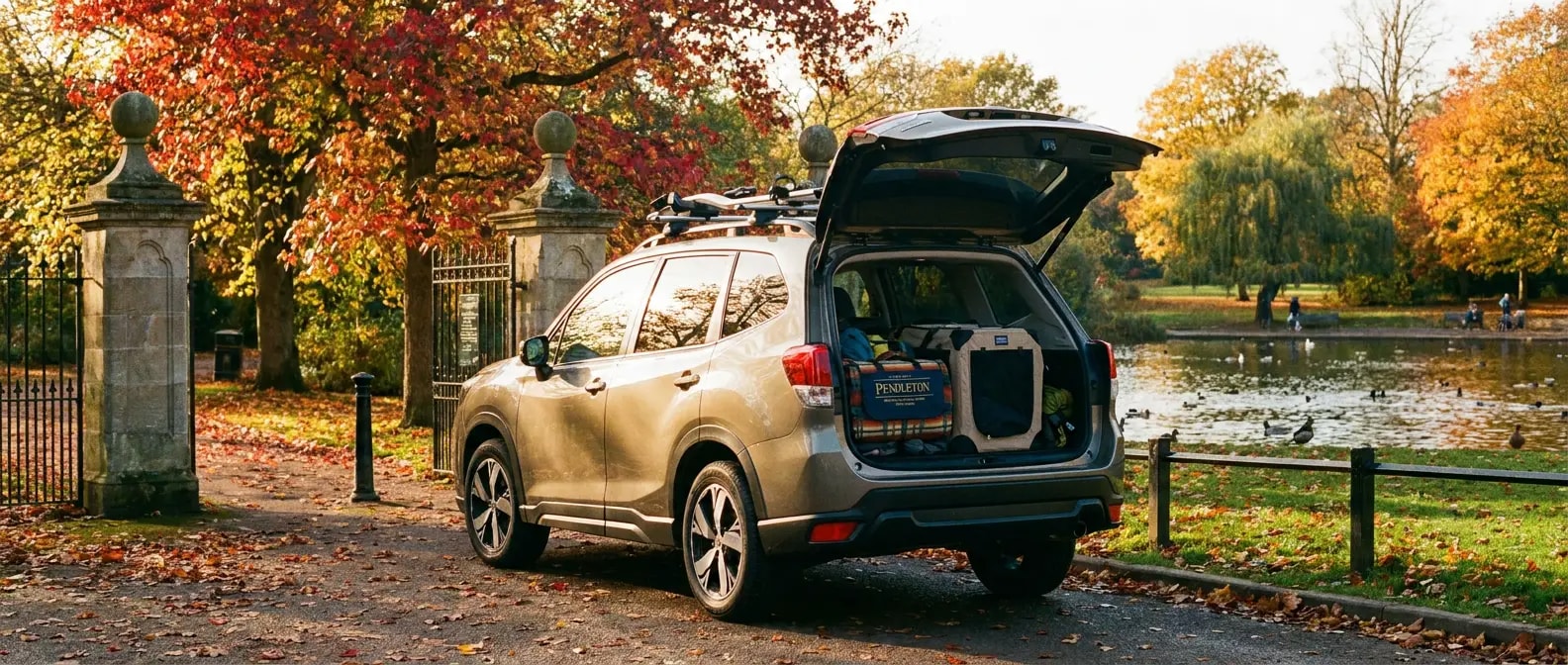 2026 Subaru Forester with rear hatch open at Avondale Park Birmingham loaded for a day out