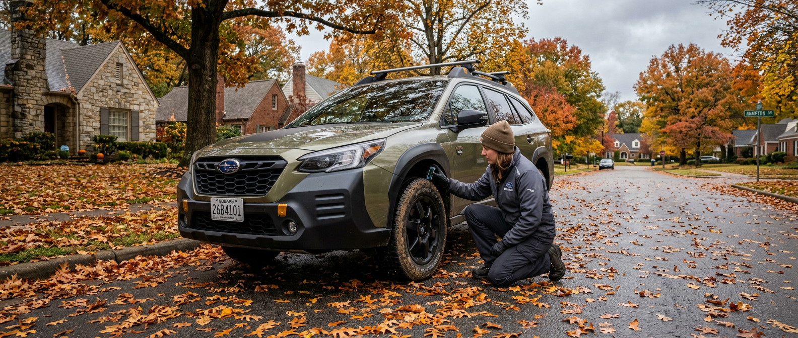 2026 Subaru Outback on a leaf-covered Birmingham street during fall inspection season