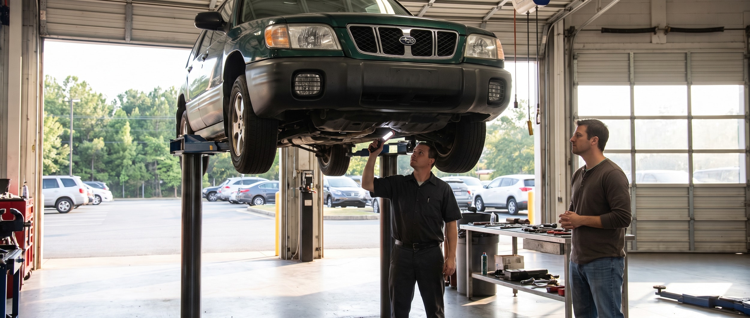 Used Subaru Forester pre-purchase inspection at a Birmingham AL dealership service bay