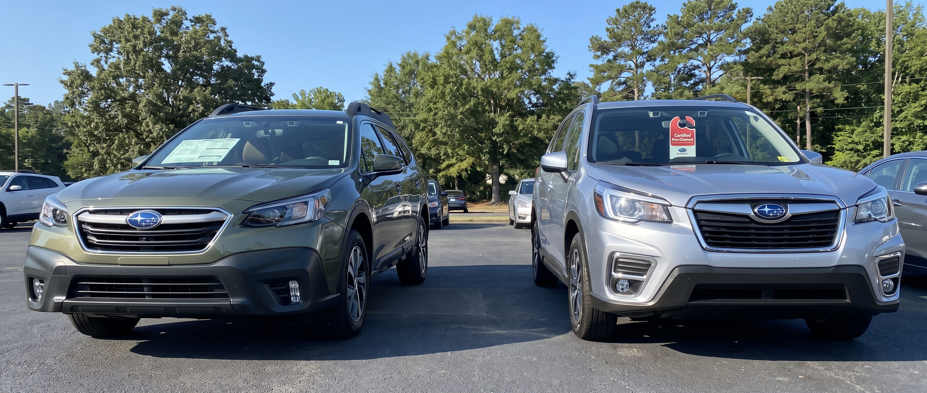 New and certified pre-owned Subaru models side by side at a Birmingham dealership