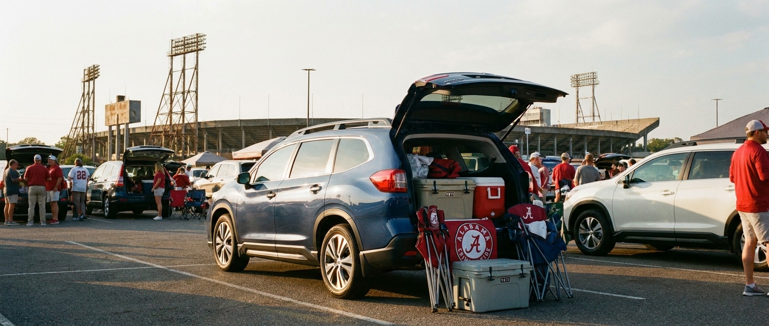 2026 Subaru Ascent packed for tailgating at Legion Field in Birmingham, Alabama