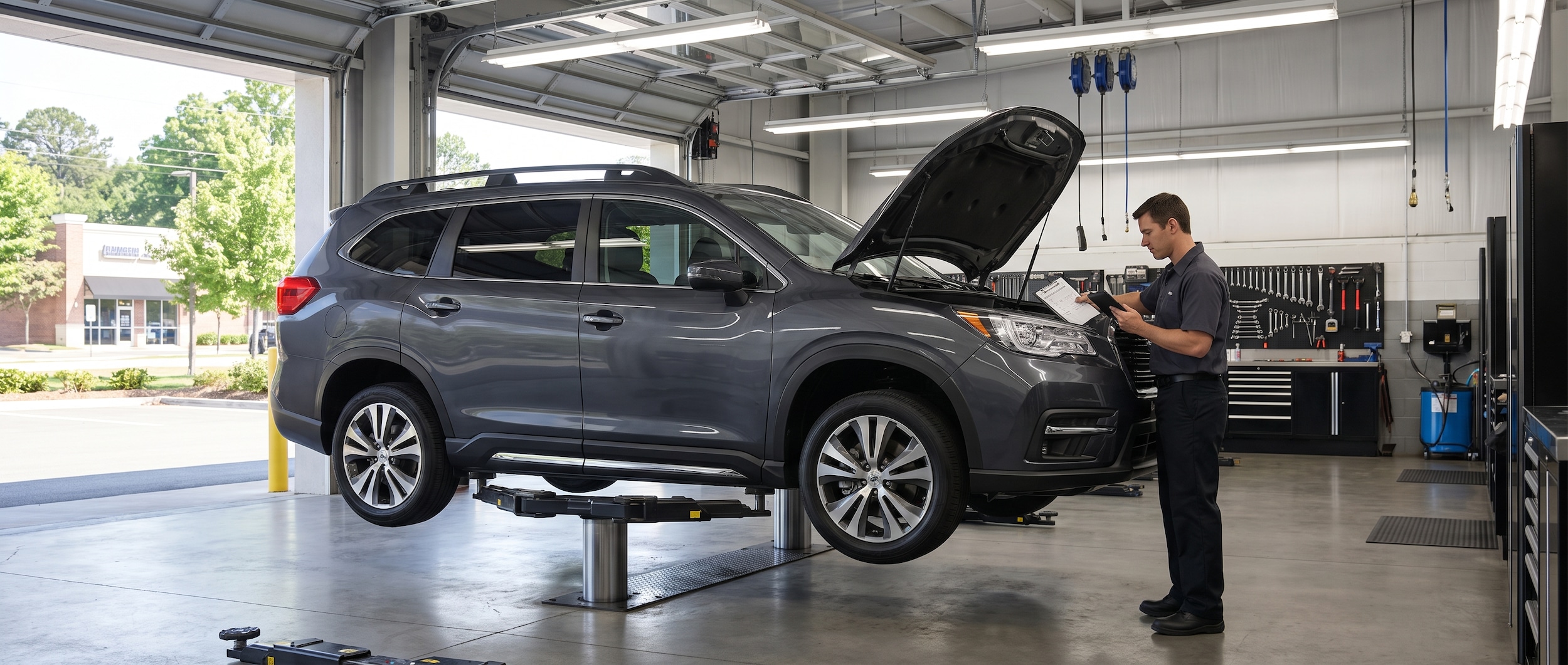 Technician working through the certification inspection on a Subaru Ascent at a Birmingham service shop