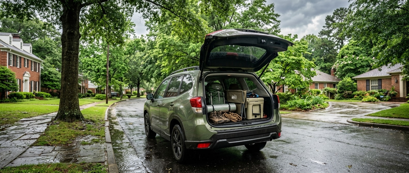 2026 Subaru Forester parked on a wet Birmingham street with rear hatch open showing cargo space