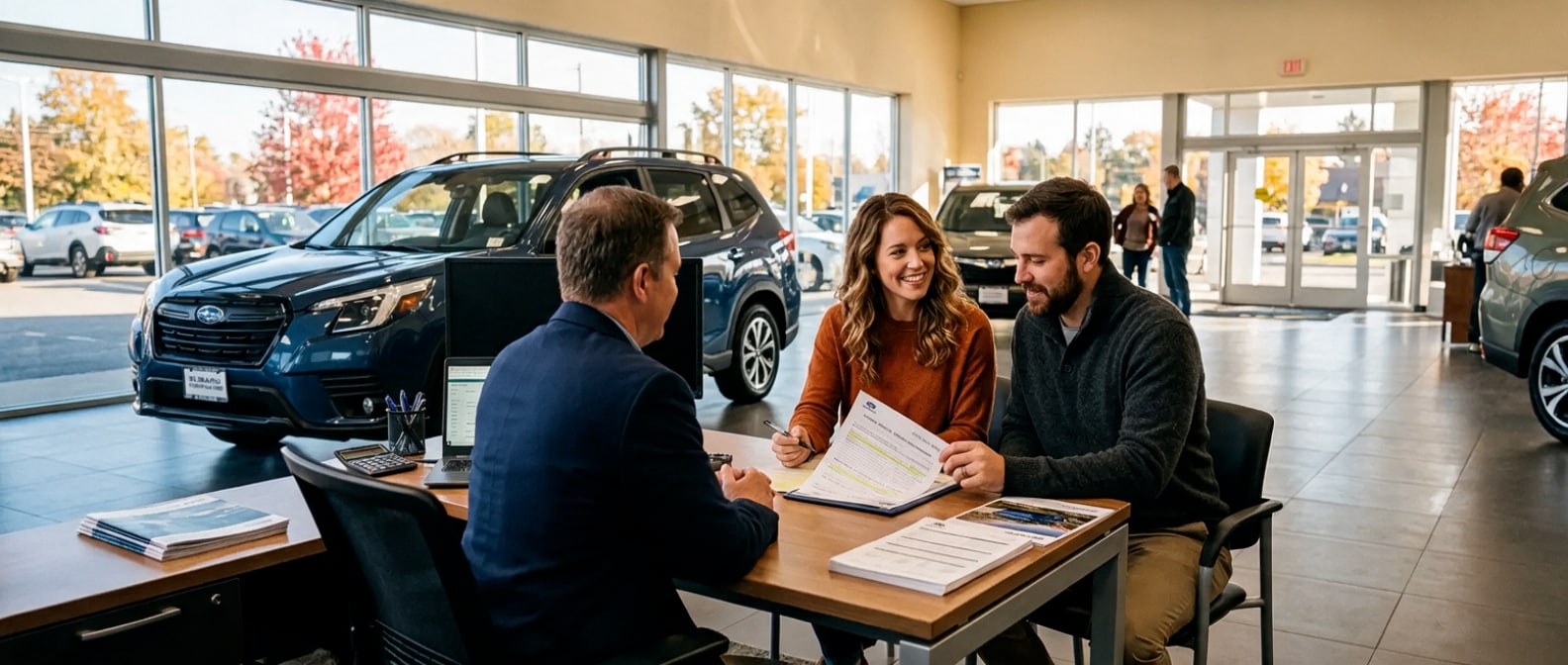 Couple reviewing auto loan paperwork at a Subaru dealership finance desk in Birmingham, Alabama