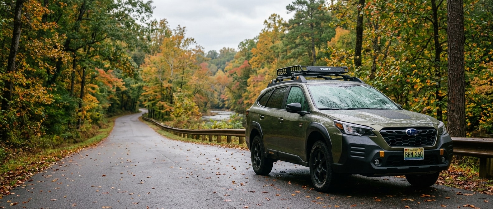 2026 Subaru Outback on a Birmingham Alabama road in early fall with turning autumn foliage