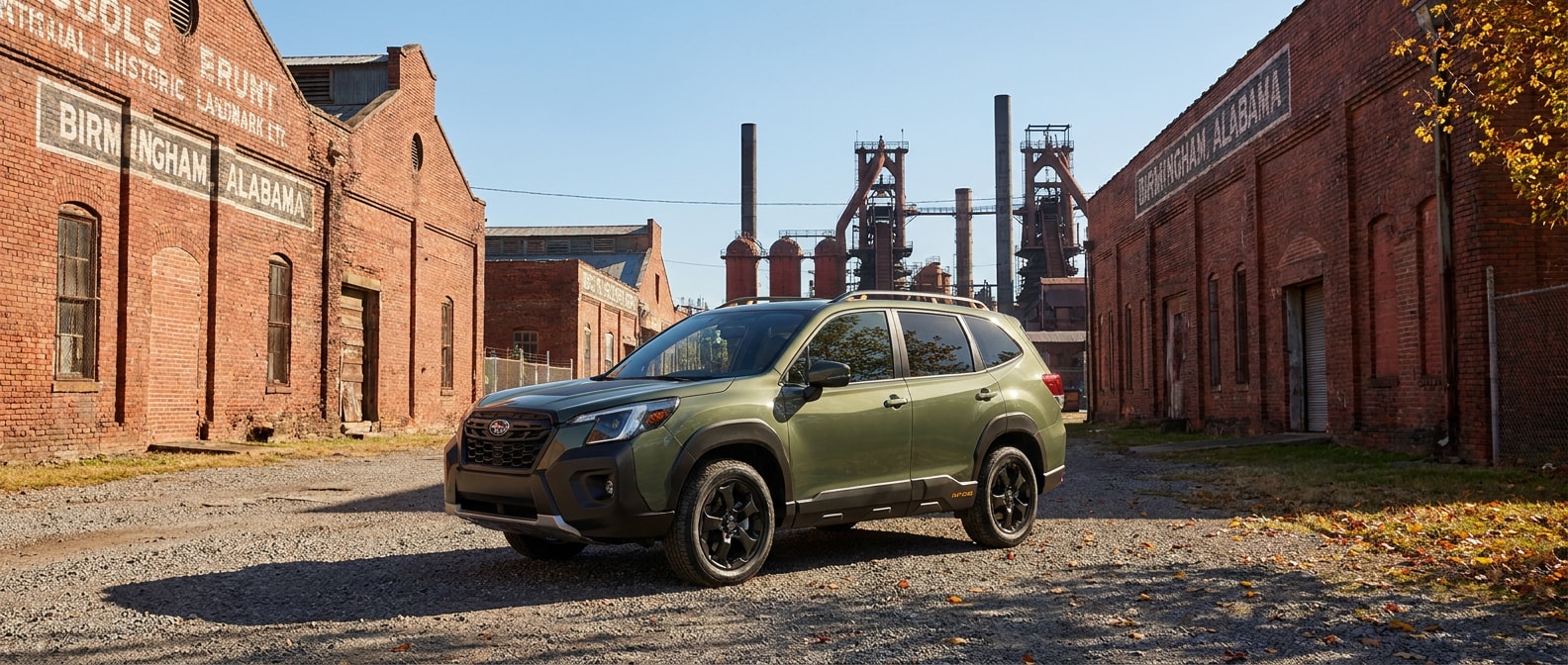 2026 Subaru Forester parked near Sloss Furnaces National Historic Landmark in Birmingham Alabama on a clear fall day