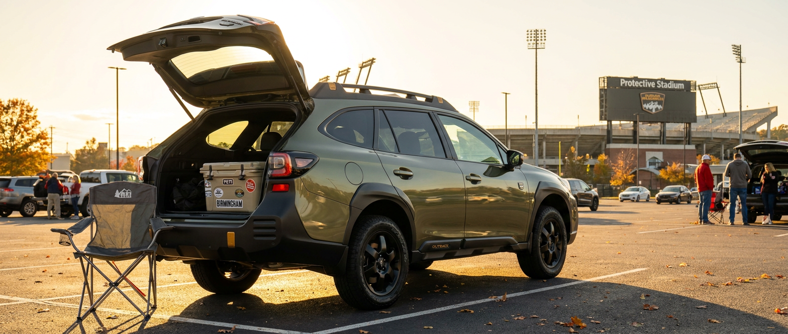 2027 Subaru Outback with rear gate open in a Birmingham stadium parking lot on a warm October game day