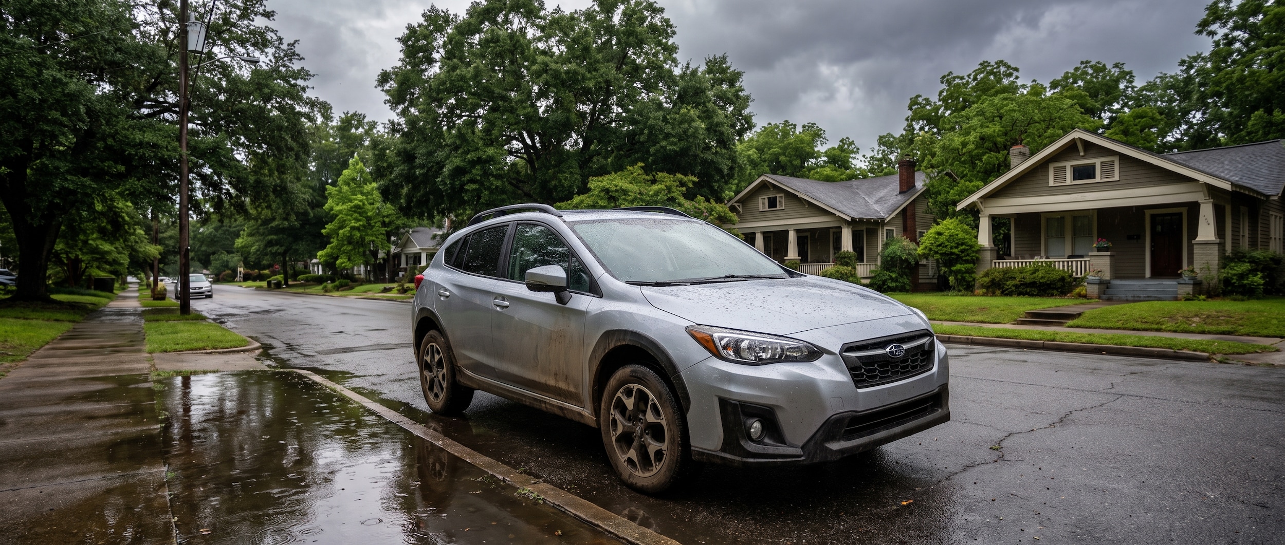 2022 Subaru Crosstrek on a wet Birmingham street after summer rain