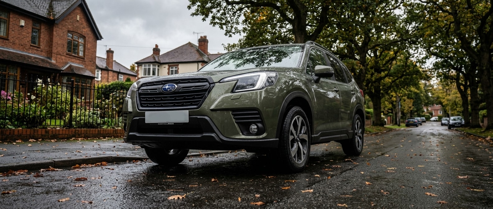 2026 Subaru Forester on a wet suburban Birmingham street ready for a lease