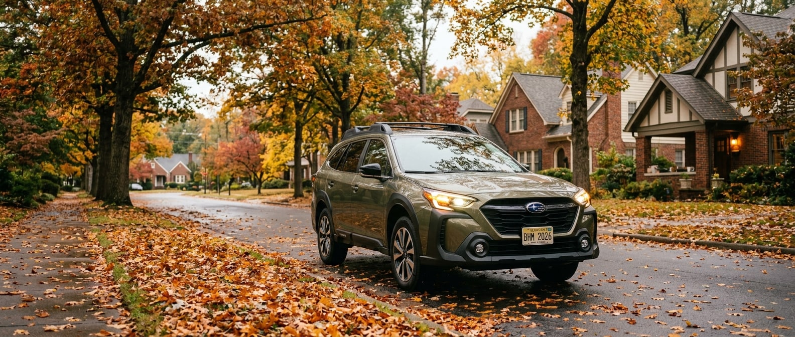 2026 Subaru Outback with headlights on at dusk on a Birmingham Alabama street in fall