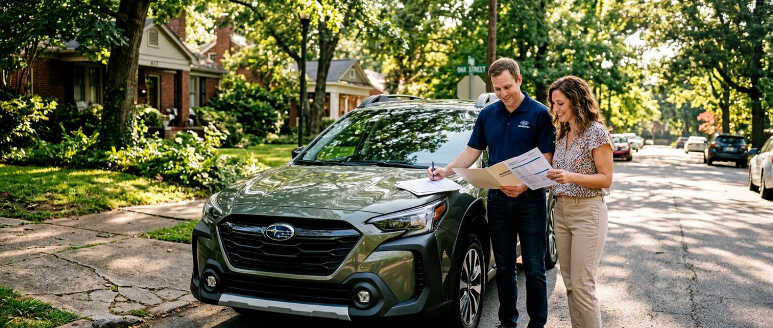 2026 Subaru Outback parked on a Birmingham, AL street while buyers review vehicle loan paperwork