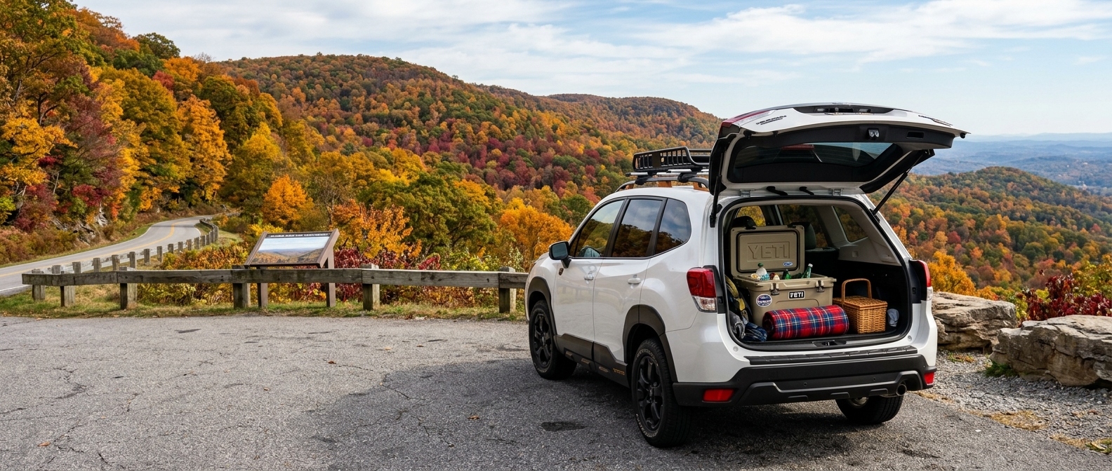 2026 Subaru Forester rear gate open at a Talladega Scenic Drive overlook during Alabama fall foliage season