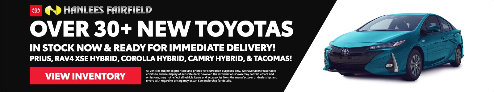 New Toyotas in stock and ready for immediate delivery promotion banner