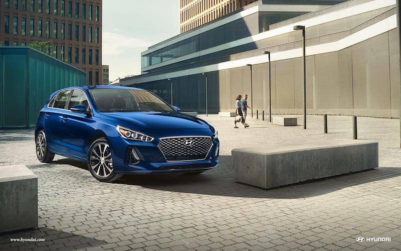 2018 Hyundai Elantra GT in Intense Blue, showing headlights