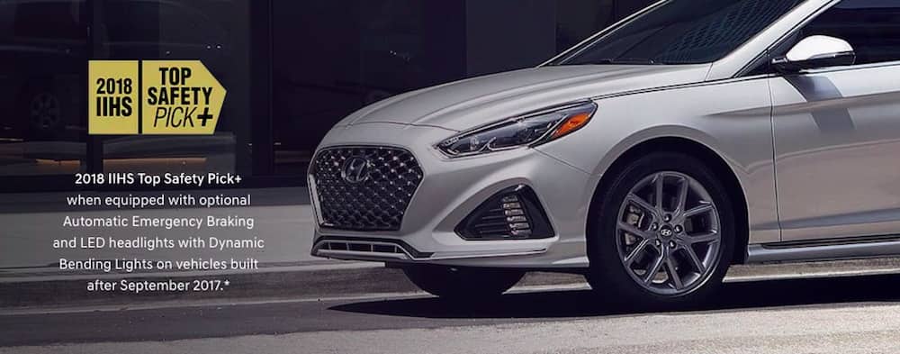 (also text over image) 2018 Hyundai Sonata is a winner of the Top Safety Pick+ Award when equipped with optional Automatic Emergency Braking and LED headlights with Dynamic Bending Lights on vehicles built after September 2017.*