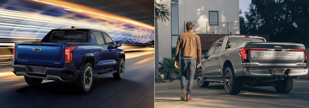 Blue 2024 Chevy Silverado EV Rear Exterior in a Tunnel vs White 2022 Ford Lightning Rear Exterior in a Parking Lot