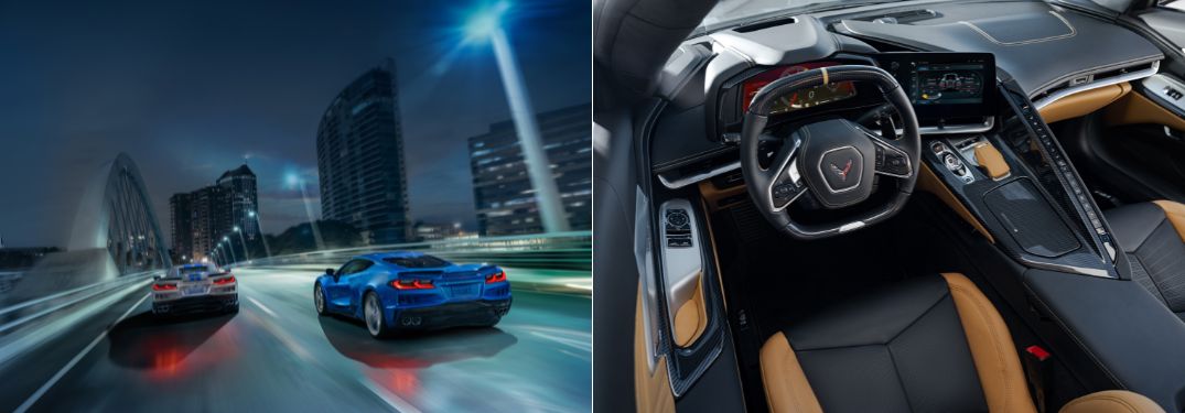 White and Blue 2024 Chevy Corvette E-Ray Rear Exterior and Front Interior