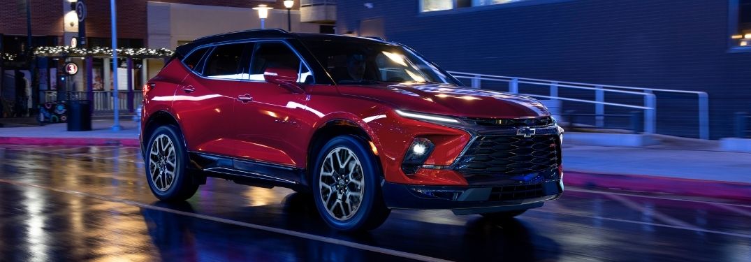Red 2023 Chevy Blazer on Street at Night