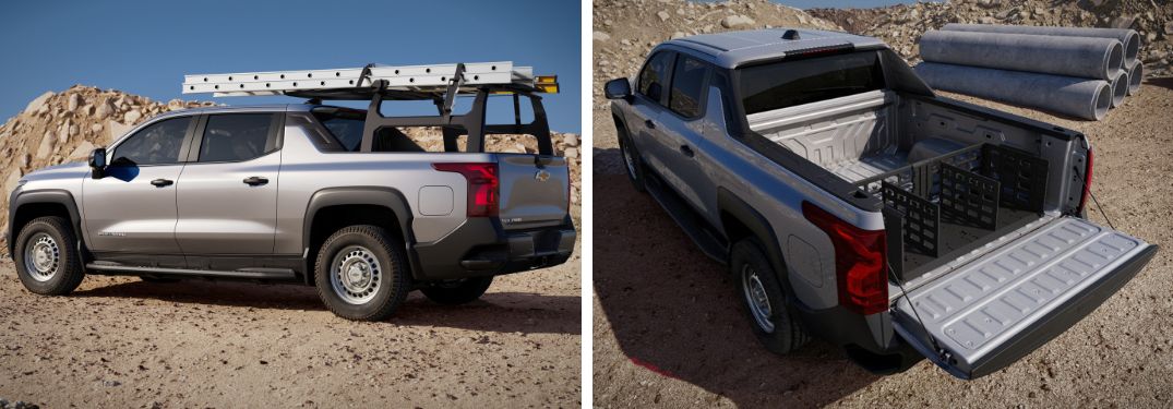Gray 2024 Chevy Silverado EV with Rear Ladder Rack and Gray 2024 Chevy Silverado EV Rear Cargo Area with Tailgate Down