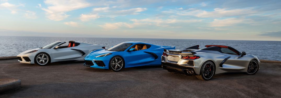 White, Blue and Gray 2023 Chevy Corvette Stingray Models by Water