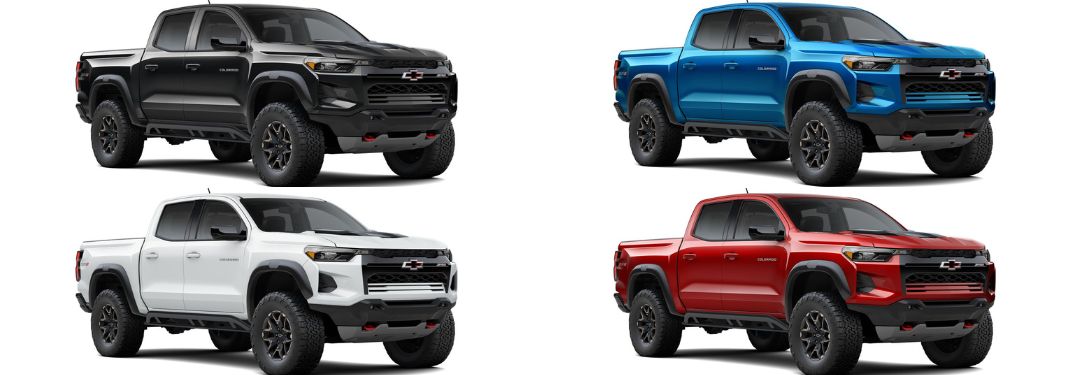 2023 Chevy Colorado Black, Glacier Blue Metallic, Summit White and Radiant Red Exterior Color Options