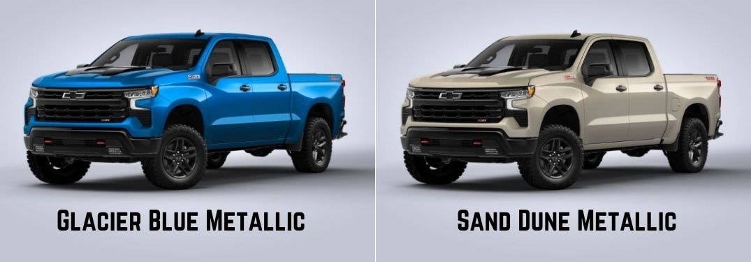 Glacier Blue Metallic and Sand Dune Metallic Chevy Silverado Models on Gray Background