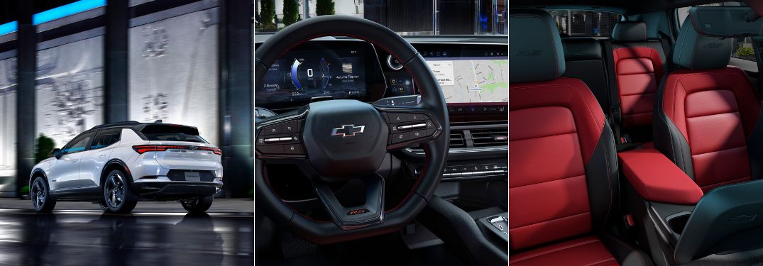 White 2024 Chevy Equinox EV Rear Exterior, Steering Wheel and Dashboard and Front and Rear Seats