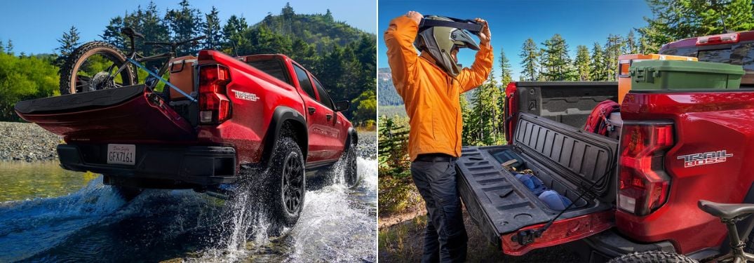 Red 2023 Chevy Colorado with Bike and Cargo in Bed and Red 2023 Chevy Colorado StowFlex Tailgate