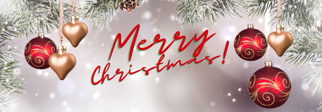 Red Christmas Ornaments and Merry Christmas Text on White Snowy Background
