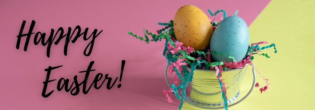 Easter Eggs and Basket on Pink and Yellow Background with Black Happy Easter Text