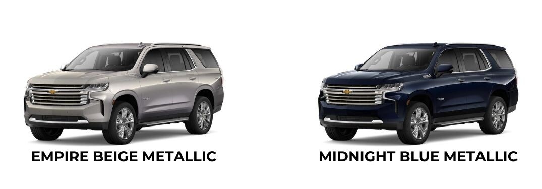 2022 Chevy Tahoe Empire Beige Metallic and Midnight Blue Metallic on White Background with Text