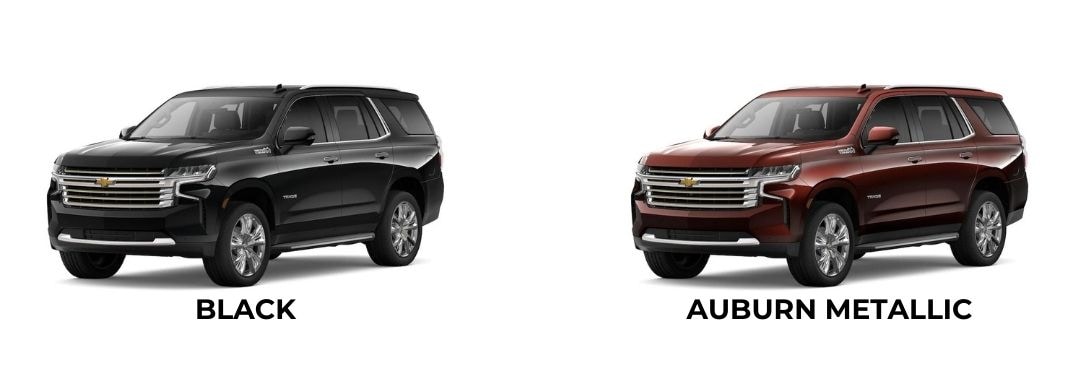 2022 Chevy Tahoe Black and Auburn Metallic on White Background with Text